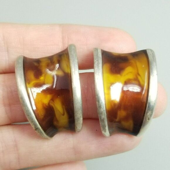 Vintage Anne Kline Tiger Eye Large Curved Stud Earrings Pierced, Silver Tone - Picture 1 of 8